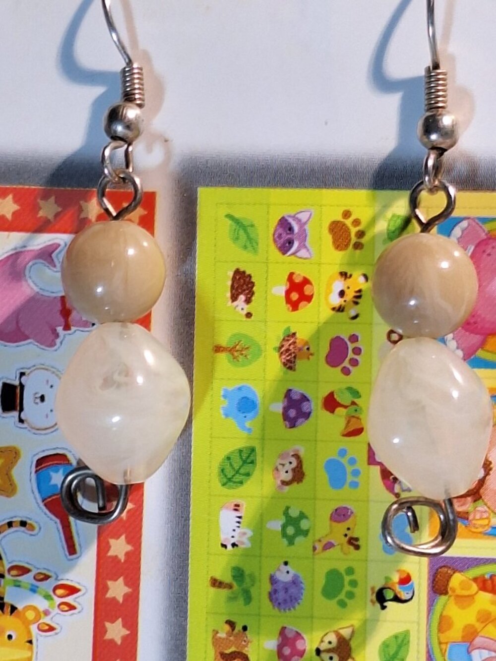Tan and White Beaded Earrings Plastic One-of-a-Kind Sharon Dawn